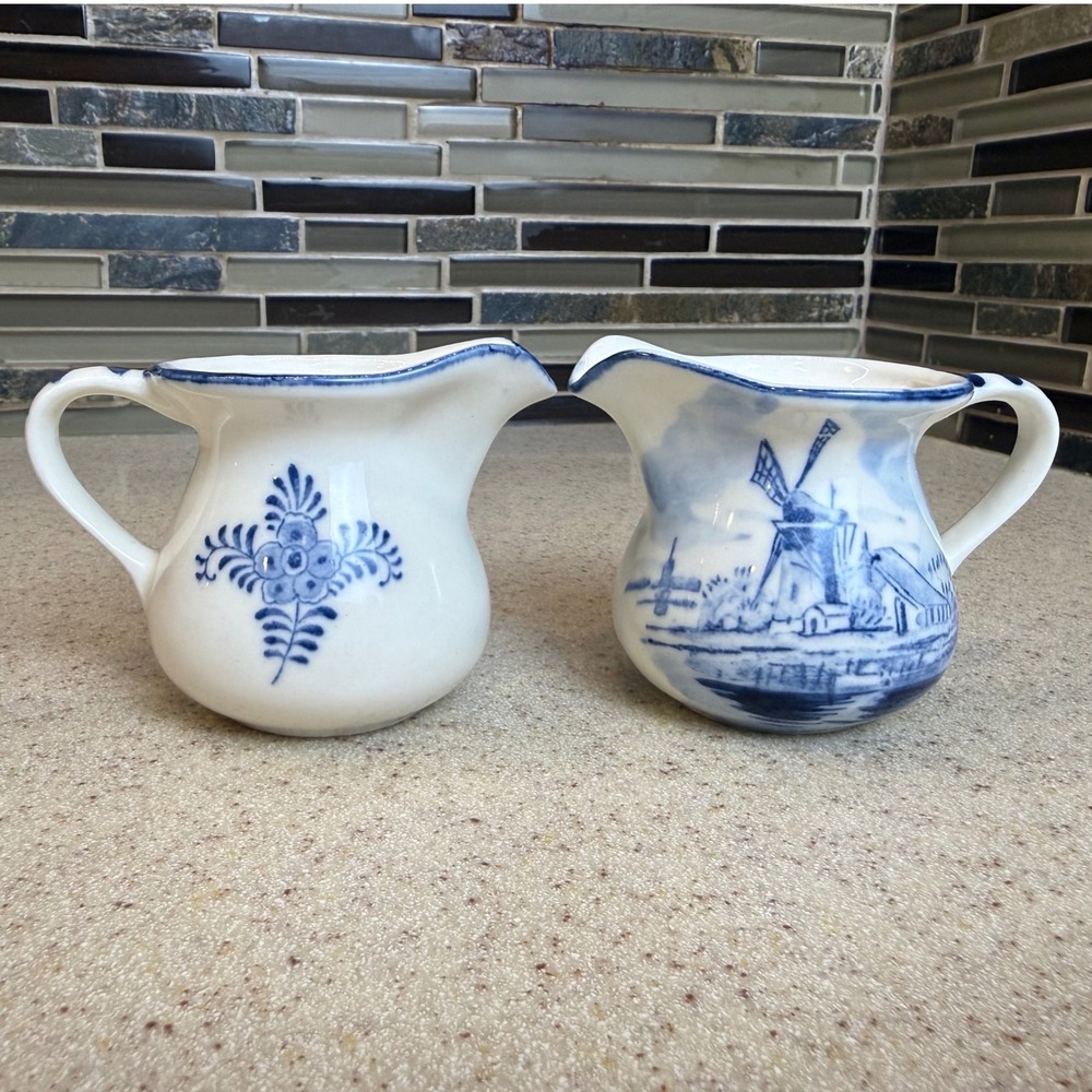 Vintage Delft Blue Windmill Creamer / Espresso Cups 2pc Set Ceramic Japan 2.5"